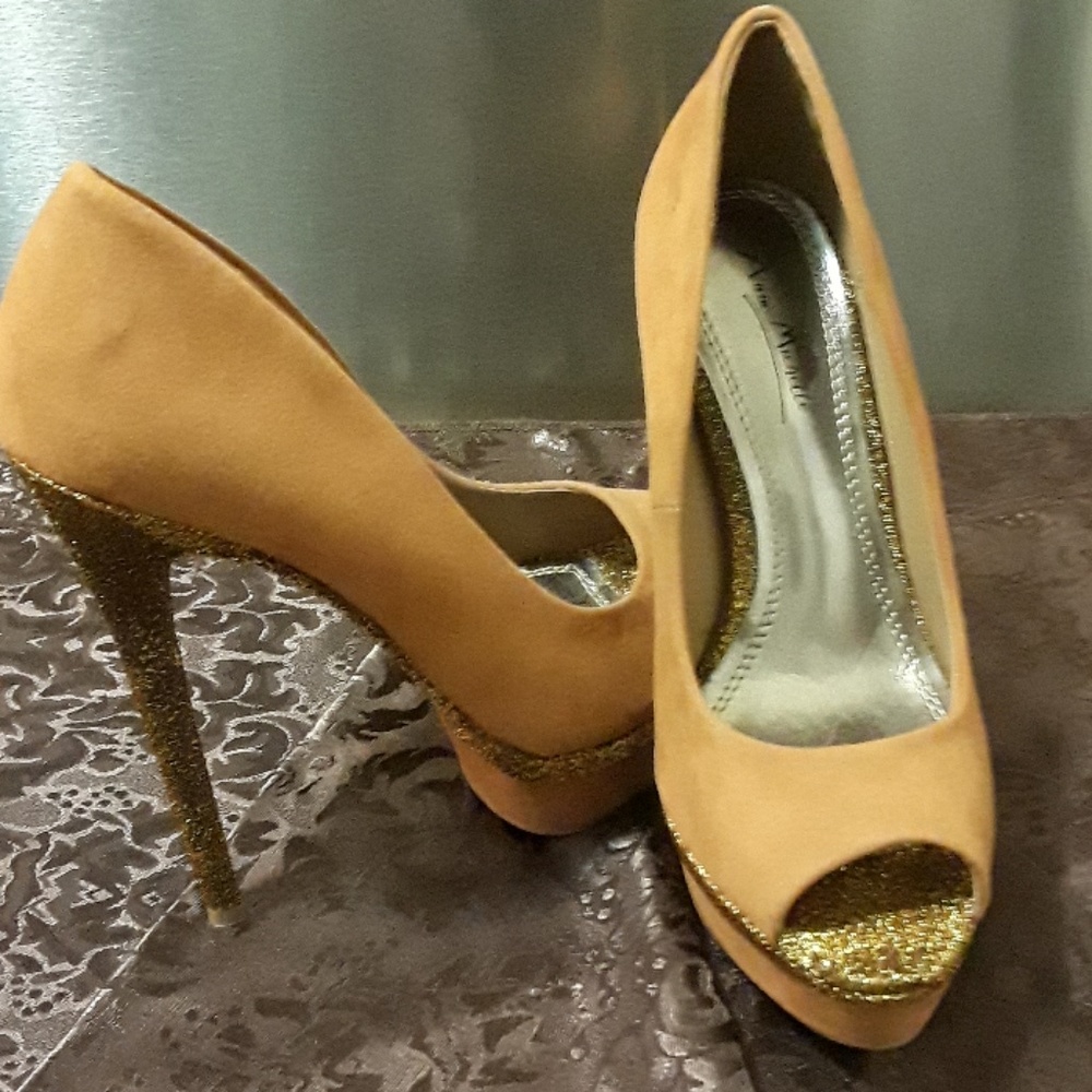 👠Women Bronze Suede Glitter Platform Heels👠